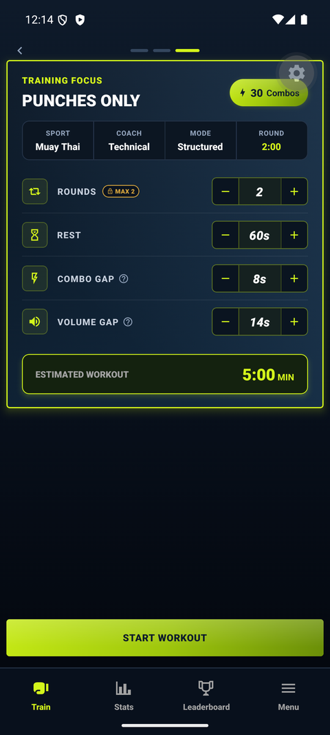 Building a session: rounds, rest, combo gap and volume gap